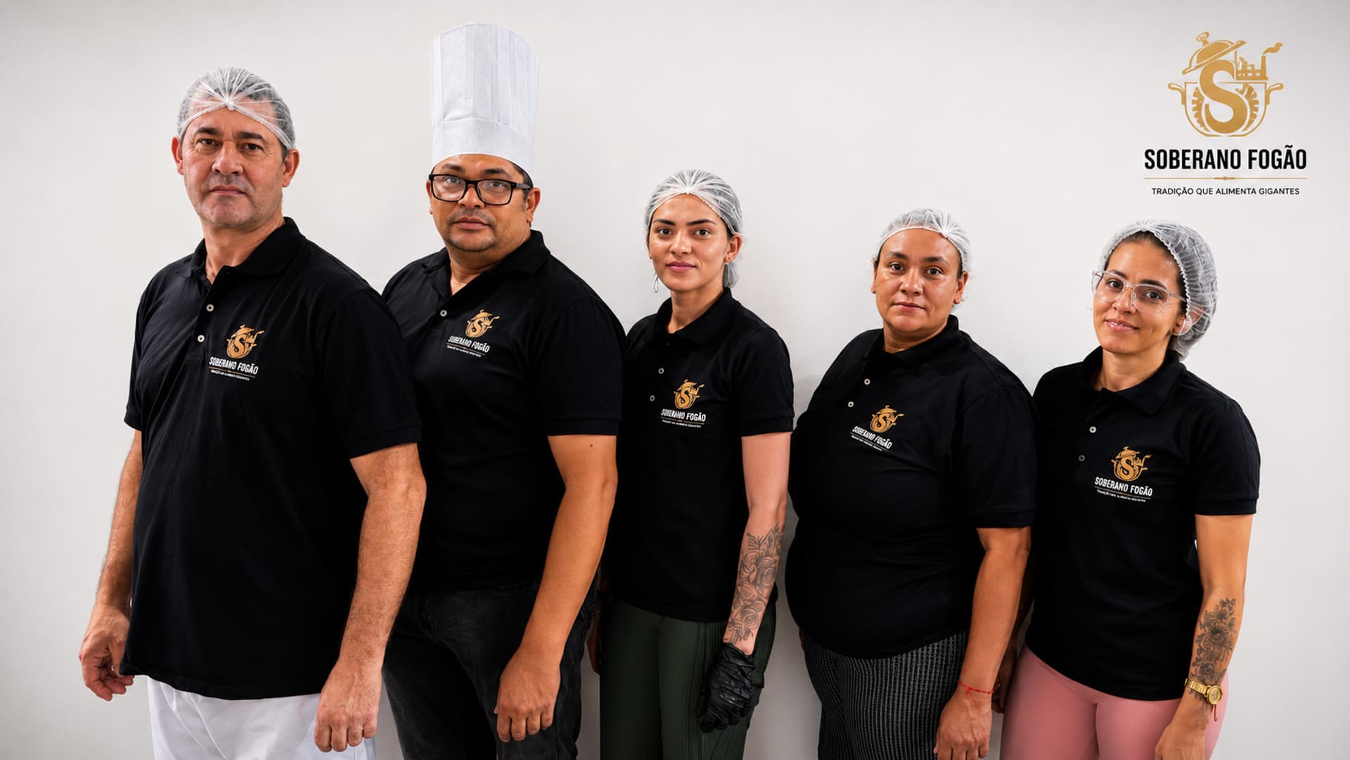 Equipe Soberano Fogão uniformizada, com toucas e padrão de higiene
